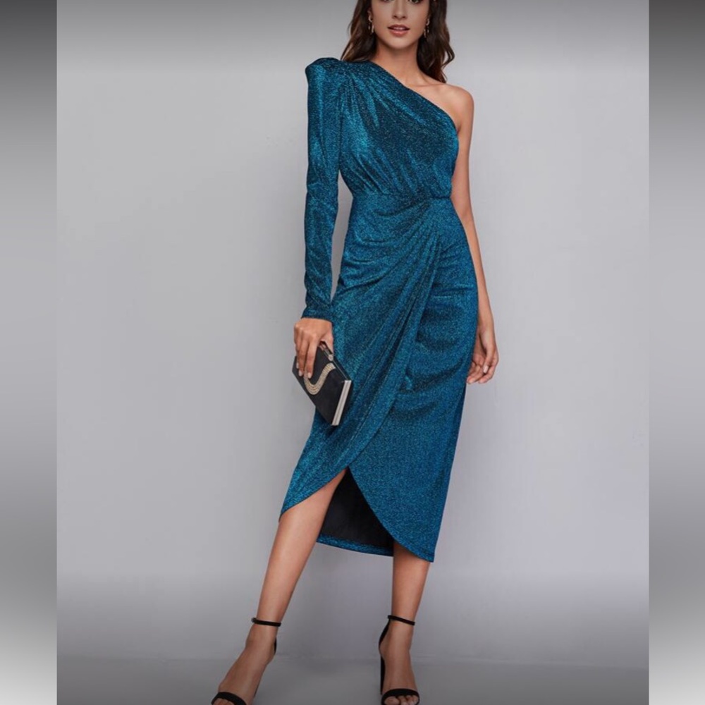 Luxe blue one shoulder party formal evening glitter gown dress